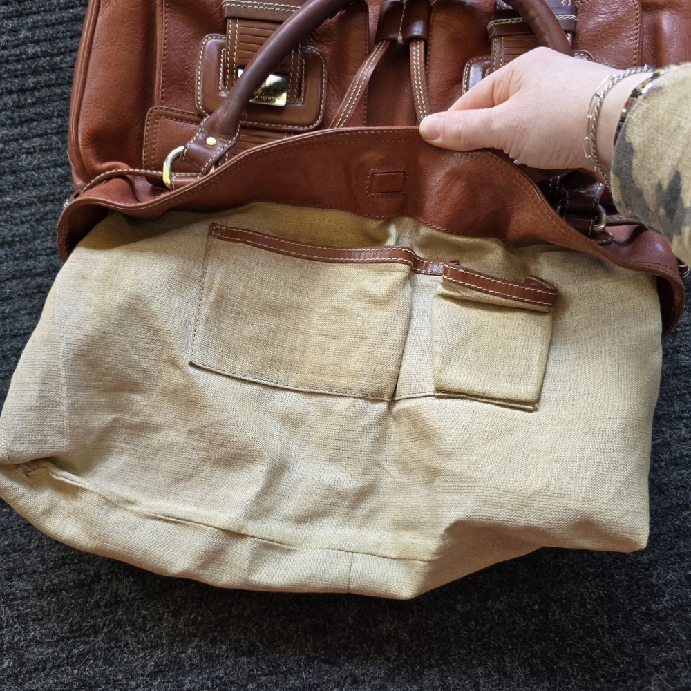 Vtg Michael Kors Double Pocket Buckle Whipstitch Leather Brown Hand Shoulder Bag - Picture 9 of 10